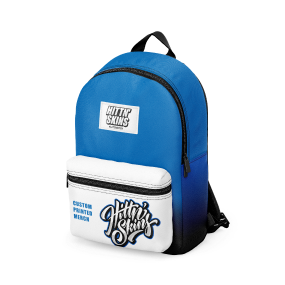 a blue colored backpack with the hittn skins logo
