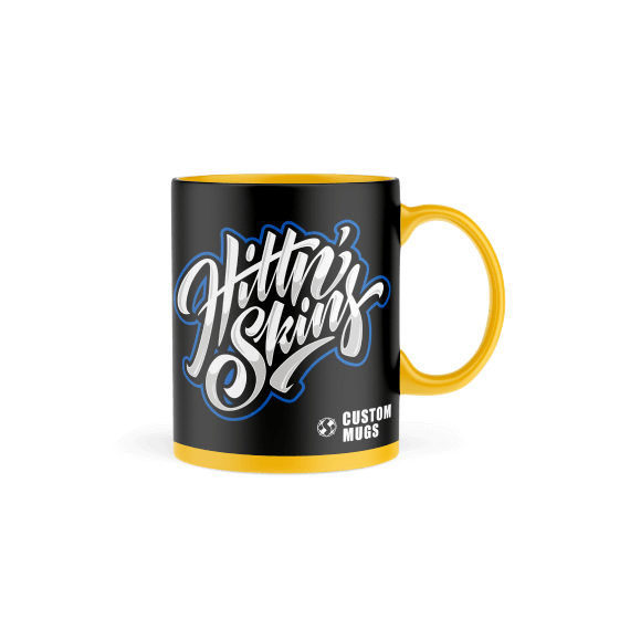 a color version of a coffee mug with Hittn' Skins logo