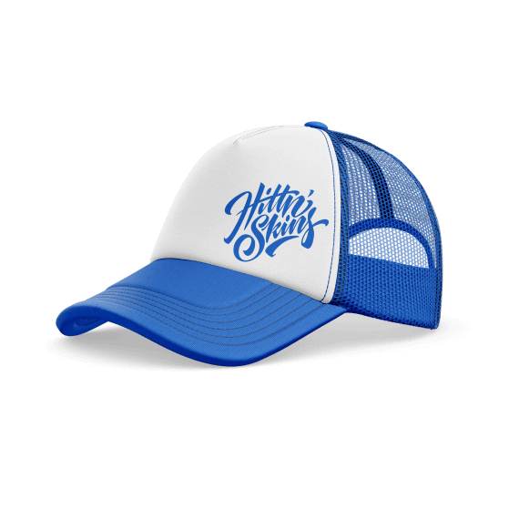 a blue and white trucker hat with hittn skins logo
