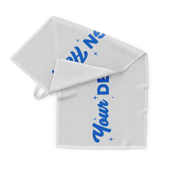 a blue golf towel with the hittn skins logo