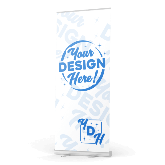 a banner stand with a design example on it