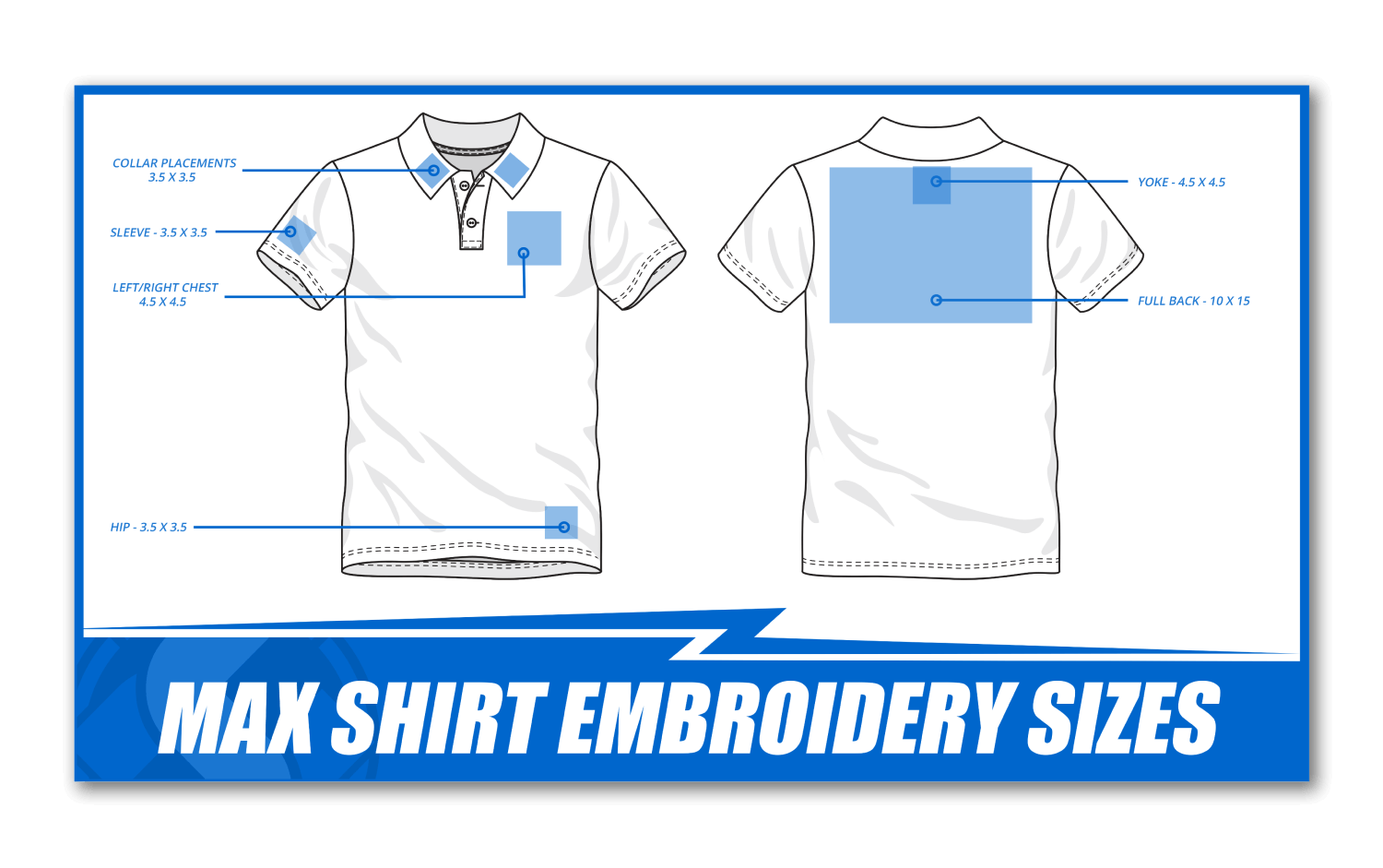 Maximum Embroidery Sizes for shirts offered that are offered at Hittn' Skins