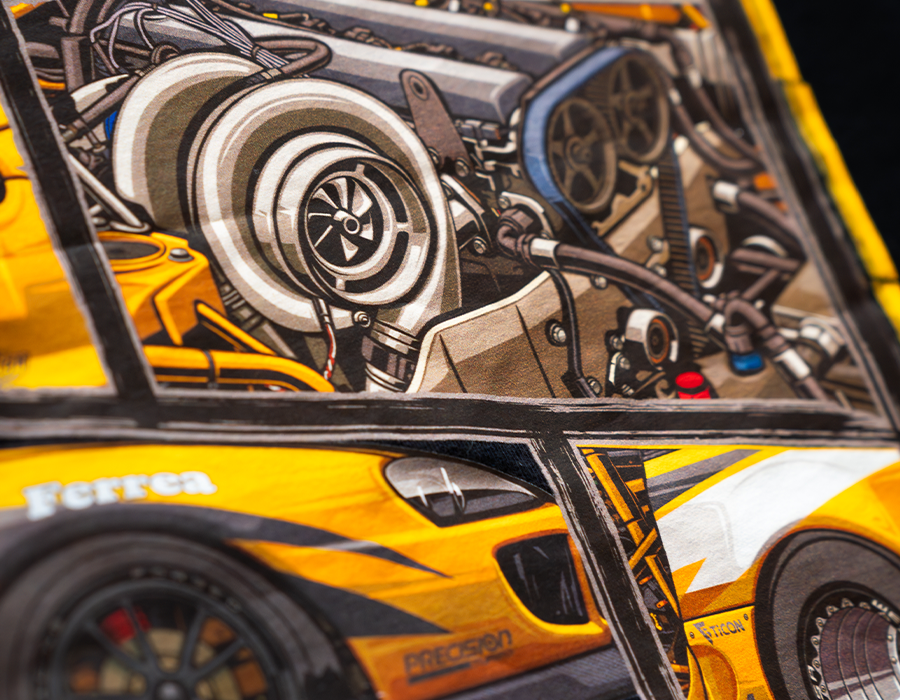High-color simulated process screen print of Titan Motorsports turbocharged Supra design on premium cotton, printed by Hittn’ Skins Orlando with CMYK process inks and halftone blending.