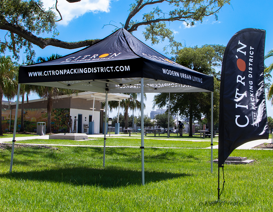 Custom Event Tent and Feather Flags for Citron at the Packing District