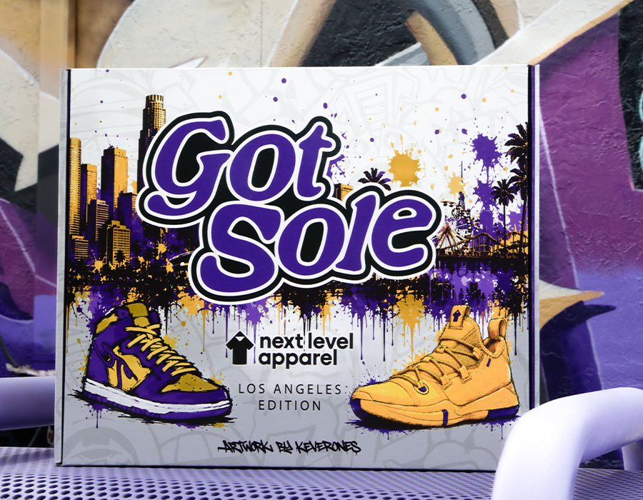 Got Sole Los Angeles custom branded merch box with Next Level Apparel logo, Keverones artwork, sneaker illustrations and purple and gold packaging.