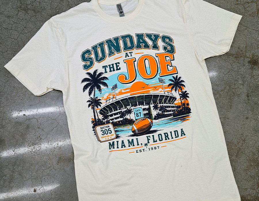 Miami Sundays at the Joe custom screen printed T shirt with aqua and orange stadium artwork, palm trees, football and Miami Florida graphics.