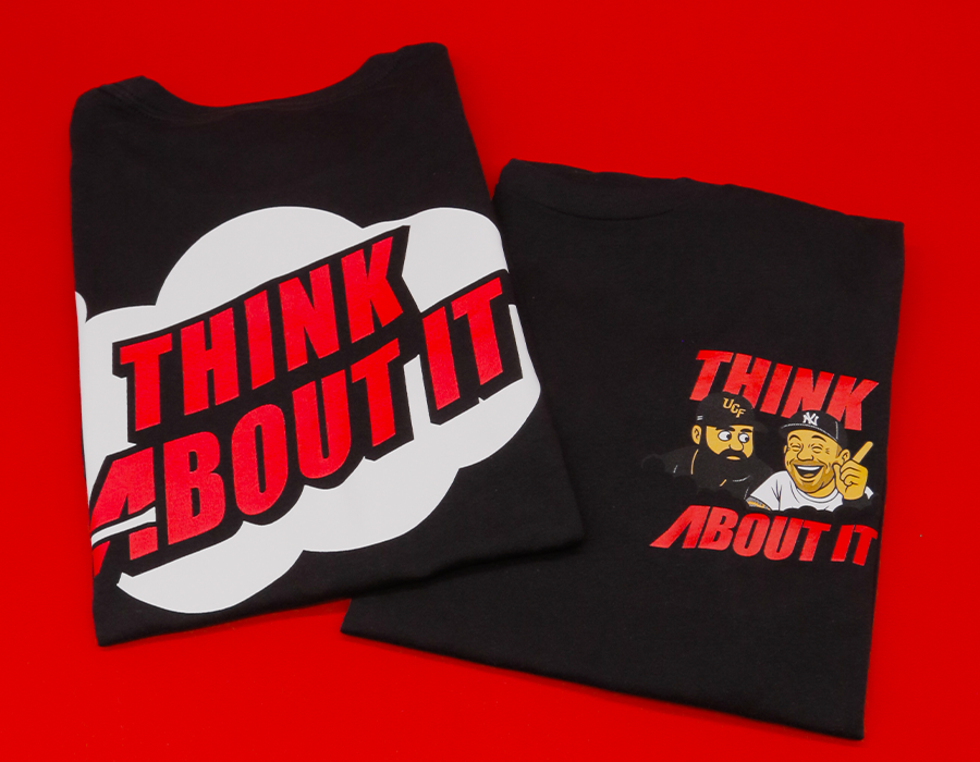 Think About It Podcast black T shirt showing front and back screen printing with character artwork and oversized red, white and black logo.