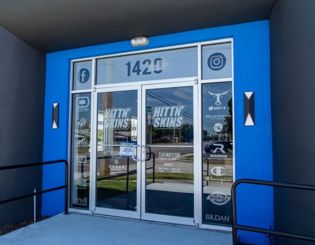 the front entrance of the Hittn' Skins building