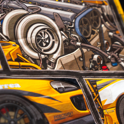 High-color simulated process screen print of Titan Motorsports turbocharged Supra design on premium cotton, printed by Hittn’ Skins Orlando with CMYK process inks and halftone blending.